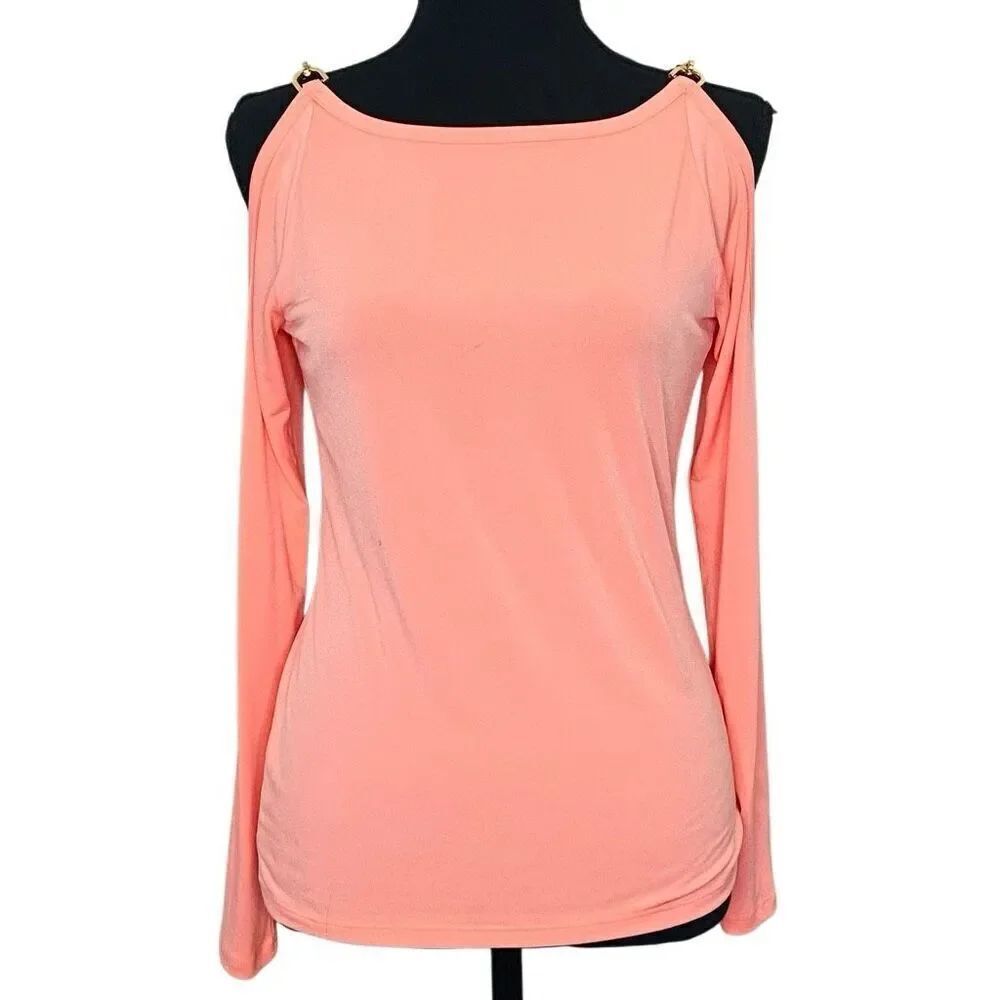 Michael Kors Cold Shoulder Chain Strap Long Sleeve Blouse Top Pink XS